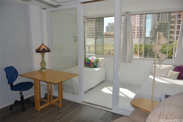 doorway to outside featuring plenty of natural light, dark wood-type flooring, and a city view