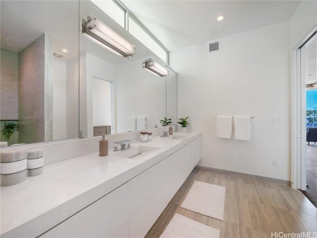 bathroom featuring wood finished floors, visible vents, a sink, and double vanity