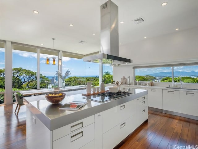 kitchen with a spacious island, a sink, visible vents, modern cabinets, and island exhaust hood