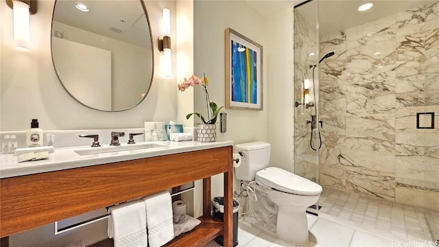 full bathroom featuring recessed lighting, toilet, vanity, and a marble finish shower