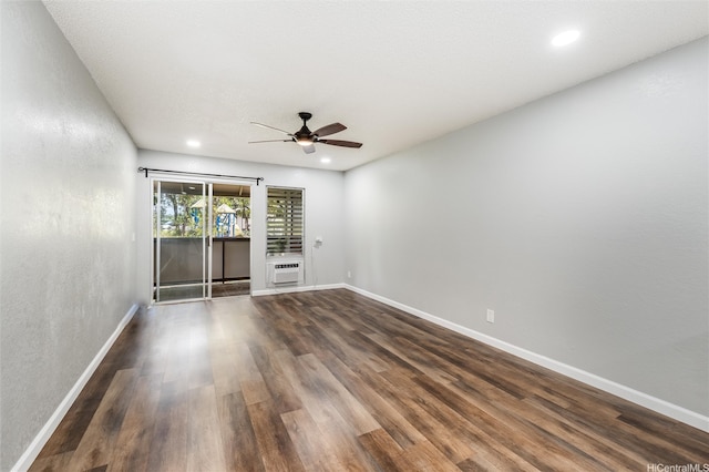 empty room featuring recessed lighting, ceiling fan, baseboards, and dark wood finished floors