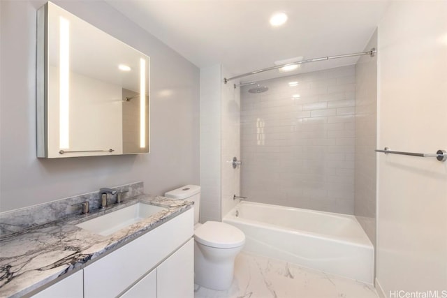 full bathroom with toilet, recessed lighting, vanity, marble finish floor, and shower / bathing tub combination