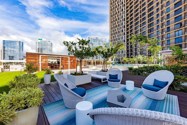 exterior space featuring a community pool and a city view