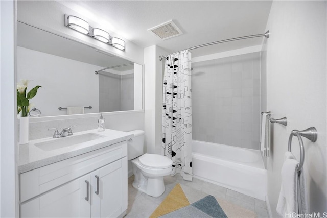 full bathroom featuring toilet, vanity, visible vents, tile patterned floors, and shower / bath combo