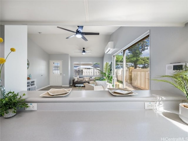 unfurnished living room with lofted ceiling and a wall mounted AC