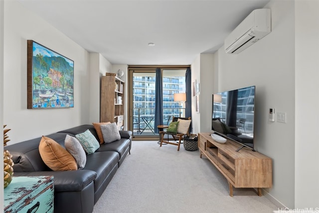 living room with carpet floors, floor to ceiling windows, a wall unit AC, and baseboards