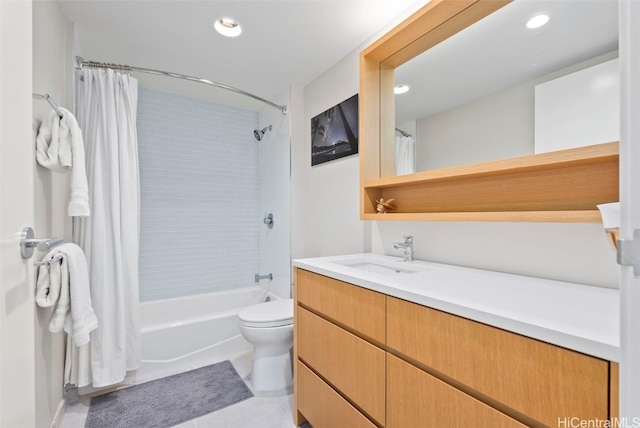 bathroom featuring toilet, tile patterned floors, shower / bath combination with curtain, vanity, and recessed lighting