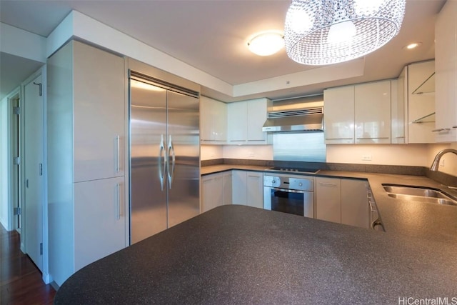 kitchen featuring stainless steel appliances, a sink, white cabinets, range hood, and dark countertops