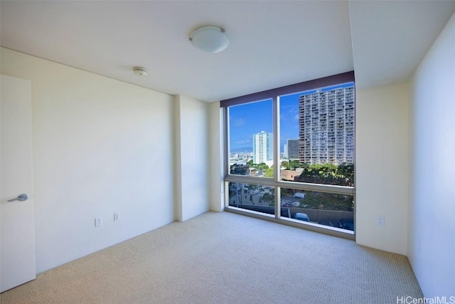 spare room with carpet, floor to ceiling windows, and a city view