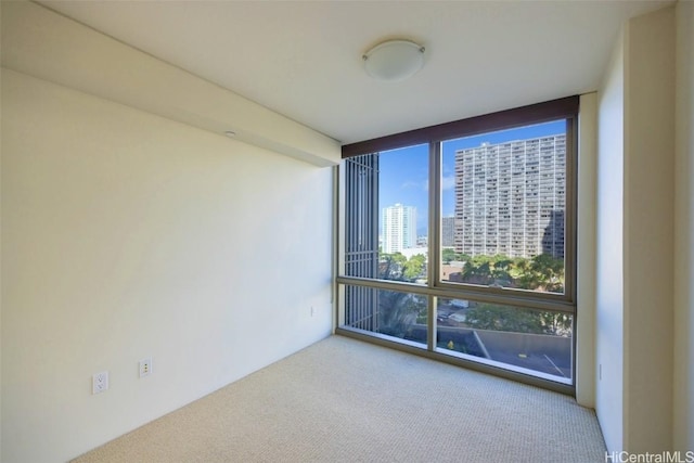 empty room with floor to ceiling windows, a city view, and carpet flooring