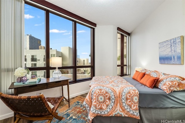 bedroom featuring a view of city, lofted ceiling, baseboards, and wood finished floors