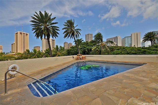 community pool with a patio area and a city view