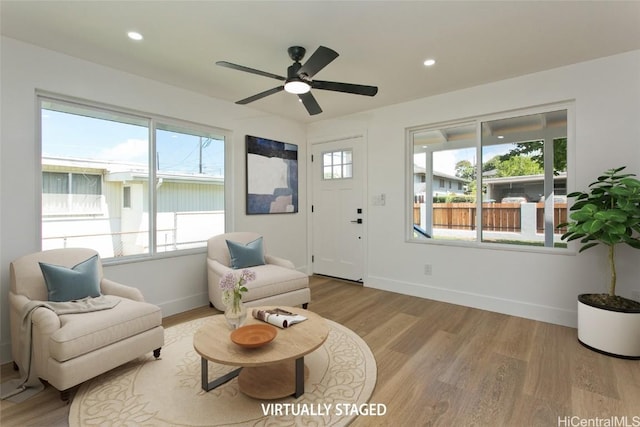 219 Loko Pl, Wahiawa, HI 96786 - sitting room featuring a ceiling fan, recessed lighting, light wood-type flooring, and baseboards