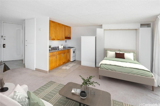 bedroom featuring light colored carpet and a textured ceiling