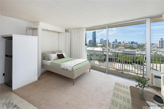 bedroom featuring access to exterior, expansive windows, and a city view