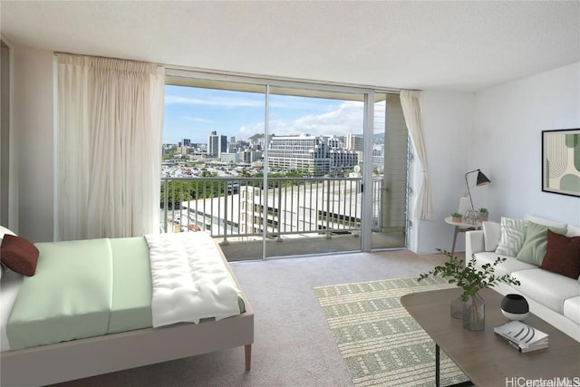 living room featuring a view of city, carpet flooring, and expansive windows