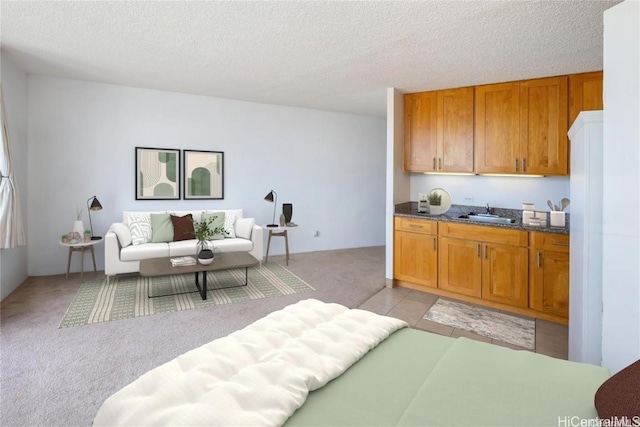 living room featuring a textured ceiling and light colored carpet