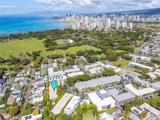 drone / aerial view featuring a water view