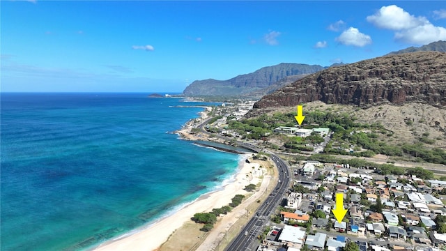 property view of water with a beach view and a mountain view
