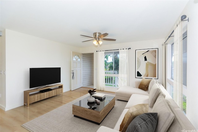 living area with baseboards, ceiling fan, and light wood-type flooring