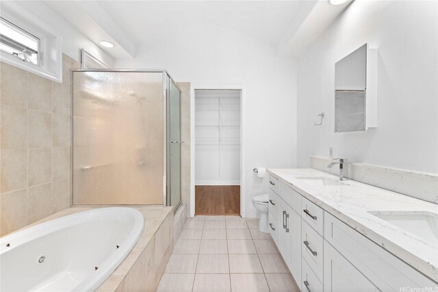 92-1277 Hauone St, Kapolei, HI 96707 - full bathroom featuring a stall shower, a jetted tub, double vanity, and tile patterned floors