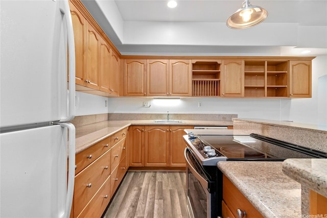 92-1277 Hauone St, Kapolei, HI 96707 - kitchen with freestanding refrigerator, electric stove, open shelves, light wood-style flooring, and recessed lighting