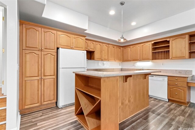 92-1277 Hauone St, Kapolei, HI 96707 - kitchen featuring open shelves, white appliances, wood finished floors, a kitchen island, and pendant lighting