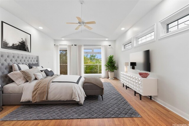 92-1277 Hauone St, Kapolei, HI 96707 - bedroom featuring multiple windows, vaulted ceiling, wood finished floors, recessed lighting, and a ceiling fan