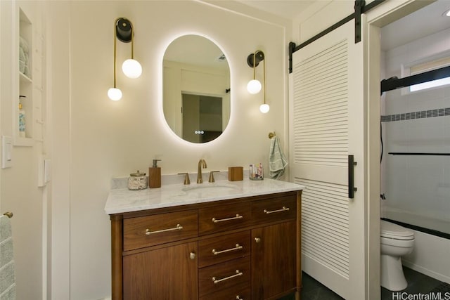 full bath with toilet, shower / bathtub combination, and vanity