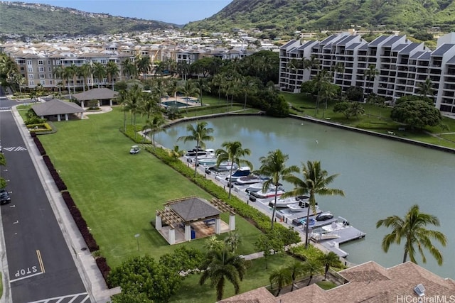 bird's eye view featuring a water and mountain view