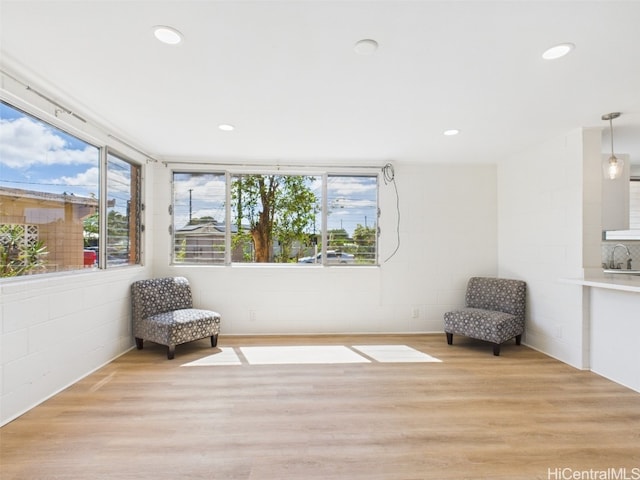 sitting room featuring recessed lighting, wood finished floors, and a healthy amount of sunlight