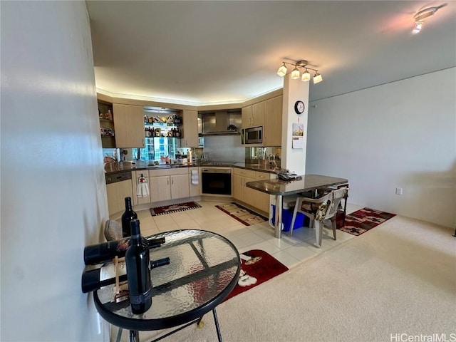 living room featuring light tile patterned floors and light carpet