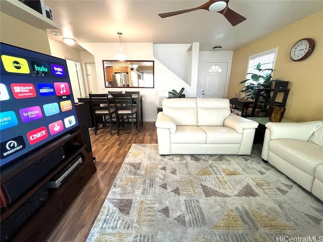 living area featuring wood finished floors and a ceiling fan