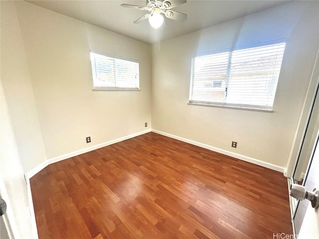 unfurnished room with ceiling fan, baseboards, and wood finished floors