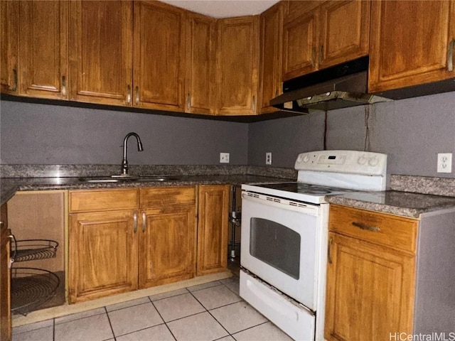 kitchen featuring dark countertops, white range with electric stovetop, and under cabinet range hood