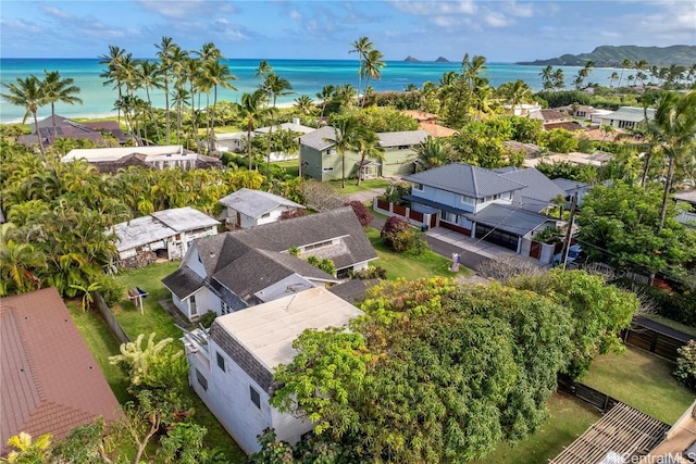 bird's eye view featuring a water view and a residential view