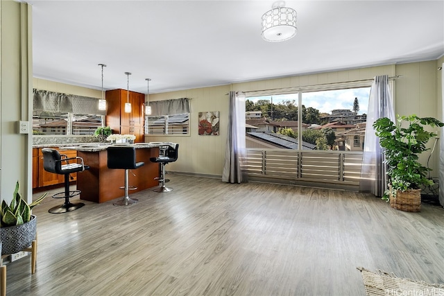 kitchen with decorative light fixtures, a breakfast bar area, and wood finished floors