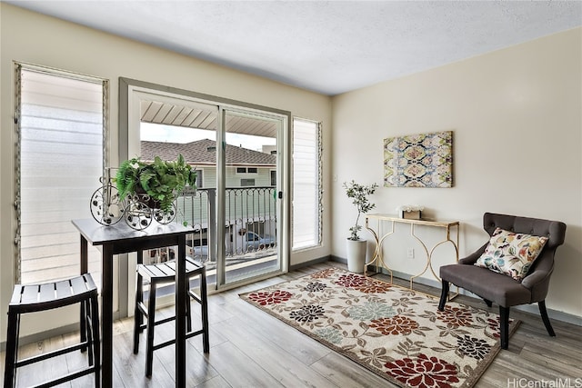 sitting room with a textured ceiling, baseboards, and wood finished floors