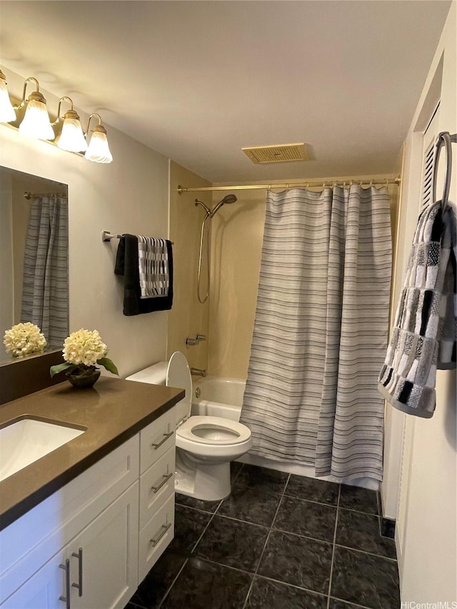 3138 Waialae Ave Unit 418, Honolulu, HI 96816 - full bathroom with vanity, shower / bath combo with shower curtain, toilet, visible vents, and tile patterned flooring