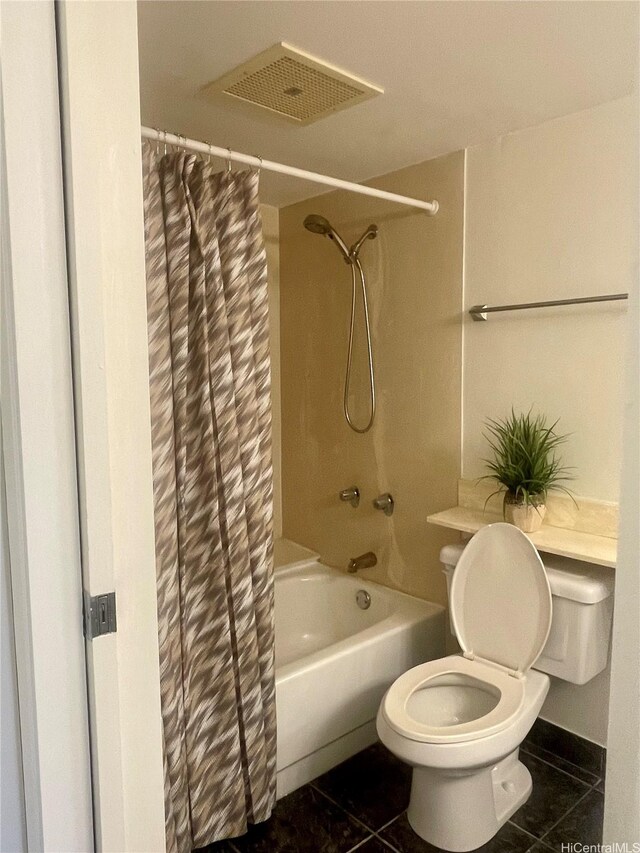 3138 Waialae Ave Unit 418, Honolulu, HI 96816 - bathroom featuring shower / bathtub combination with curtain, visible vents, toilet, and tile patterned flooring