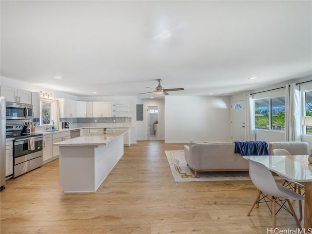 14 Hauola St, Wahiawa, HI 96786 - kitchen with open floor plan, a sink, stainless steel appliances, white cabinetry, and backsplash