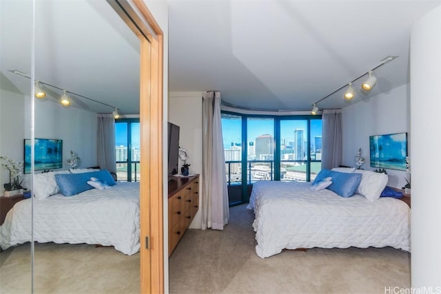 carpeted bedroom featuring track lighting