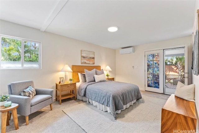 bedroom with access to exterior, a wall unit AC, and light carpet