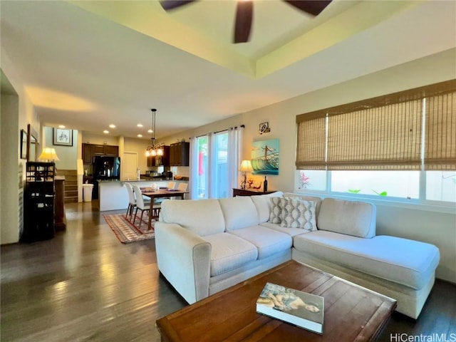 living room with ceiling fan, stairway, dark wood-style flooring, and recessed lighting