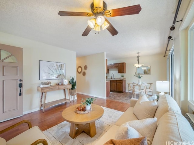 living area with light wood-type flooring, a wealth of natural light, baseboards, and a textured ceiling