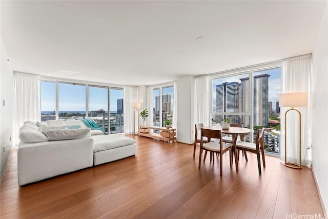 living room with a view of city, floor to ceiling windows, and wood finished floors