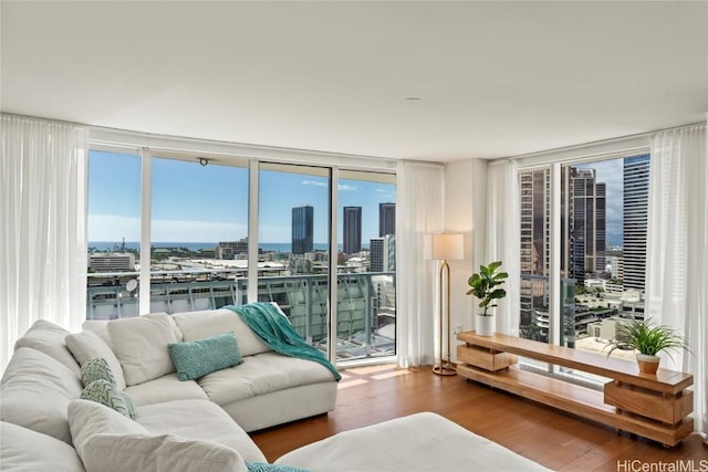 living room featuring a water view, a view of city, floor to ceiling windows, and wood finished floors