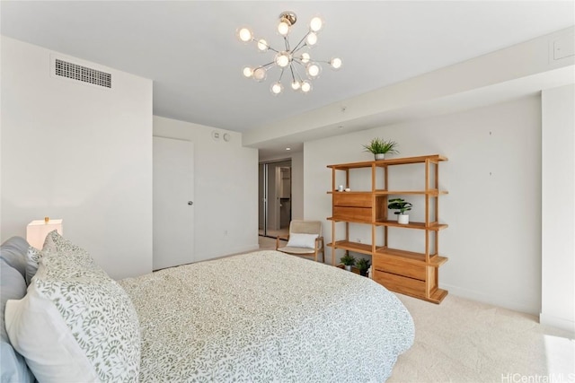 bedroom with light carpet, baseboards, visible vents, and an inviting chandelier