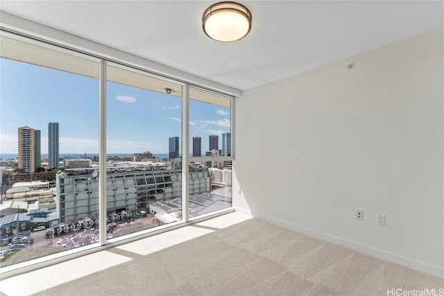 unfurnished room featuring expansive windows, a city view, light carpet, and baseboards