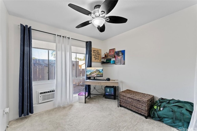 interior space featuring a wall unit AC and a ceiling fan